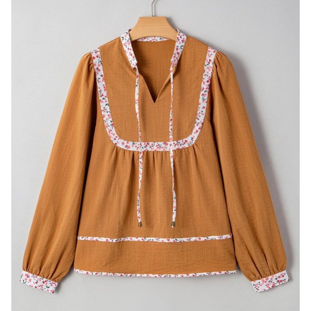 Boho Orange Split Neck Pleated Floral Trim Long Puff Sleeve Blouse Top Prairie